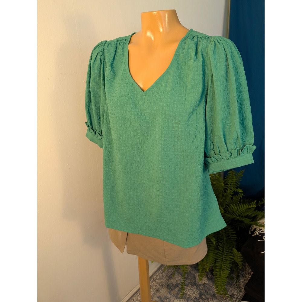 Mary Square Puff Sleeve Blouse Womens Medium Green Textured V-Neck Ruffle Cuff